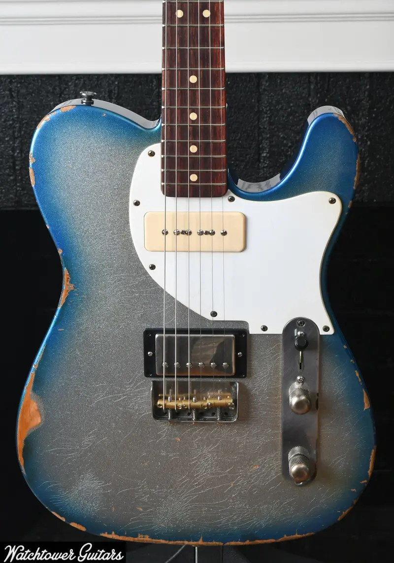 Lsl Instruments Bad Bone 290 Lake Placid Blue Sparkle Burst To Silver Sparkle Heavy Aged "Blues" 1