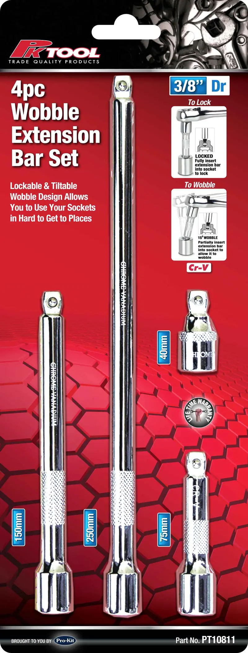 Pktool 4Pc 3/8 Inch Drive Cr-V Wobble Extension Bar Set - Pt10811 (Pickup Only) 1