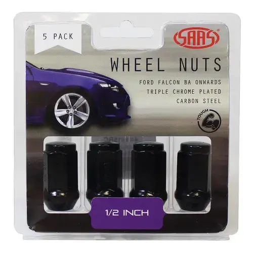 Saas Wheel Nuts Flat Head Bulge 1/2" Black 40Mm 5Pk - 440915Bc 1