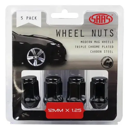 Saas Wheel Nuts Flat Head Bulge 12 X 1.25 Black 35Mm 5Pk - 435955Bc 1