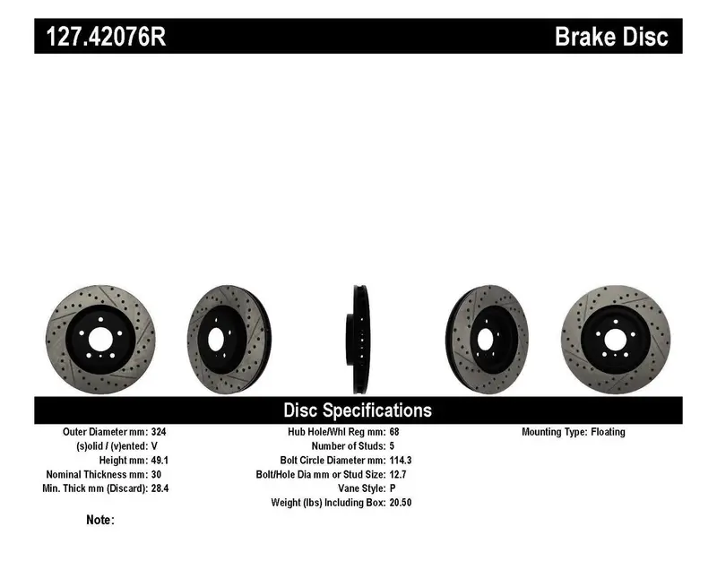 Stoptech 127.42076R Sport Series Drilled And Slotted Front Right Brake Rotor 1