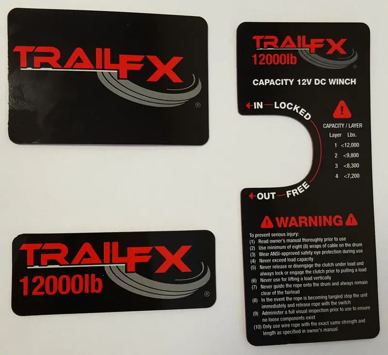 Trailfx Labels12K 3-Piece Warning Label Set: Trail Fx Brand, 12,000 Lb Capacity, And Safety Notice 1